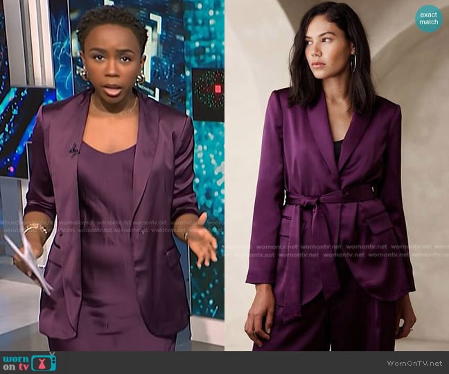 Banana Republic Satin Tie Waist Blazer in New Pinot Noir worn by Zinhle Essamuah on NBC News Daily