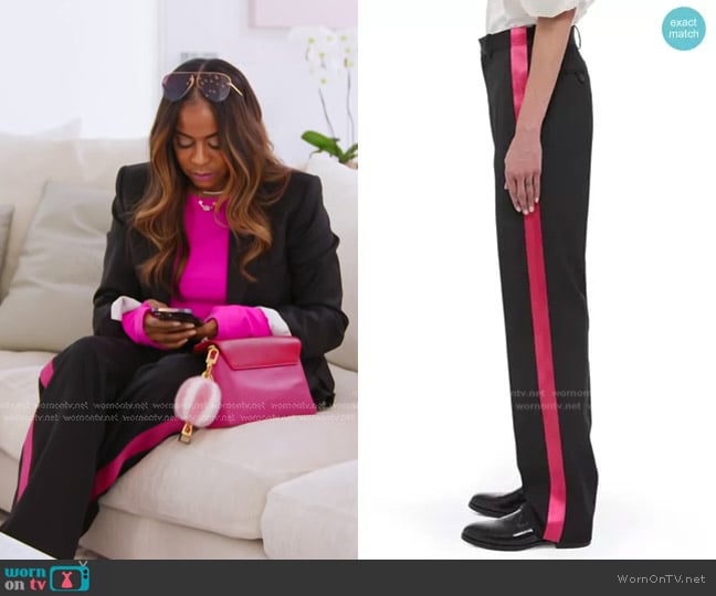 Helmut Lang Seat Belt Stripe Virgin Wool Pants in Black/ Fuschia worn by Mary Cosby on The Real Housewives of Salt Lake City