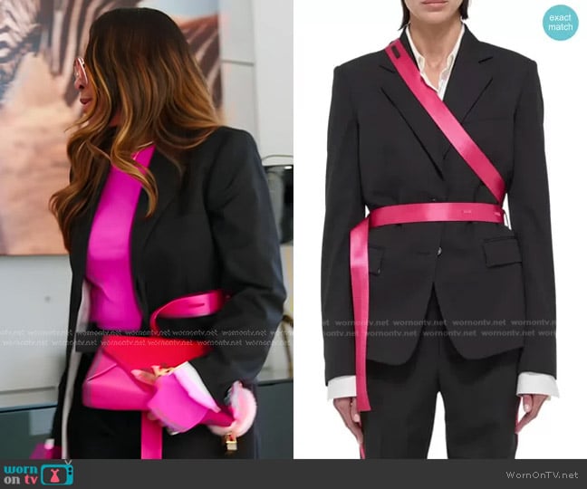 Helmut Lang Seat Belt Virgin Wool Blazer in Black/ Fuschia worn by Mary Cosby on The Real Housewives of Salt Lake City