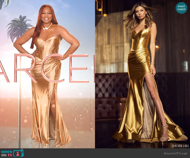 Sherri Hill Metallic Bustier Gown worn by Garcelle Beauvais on The Real Housewives of Beverly Hills