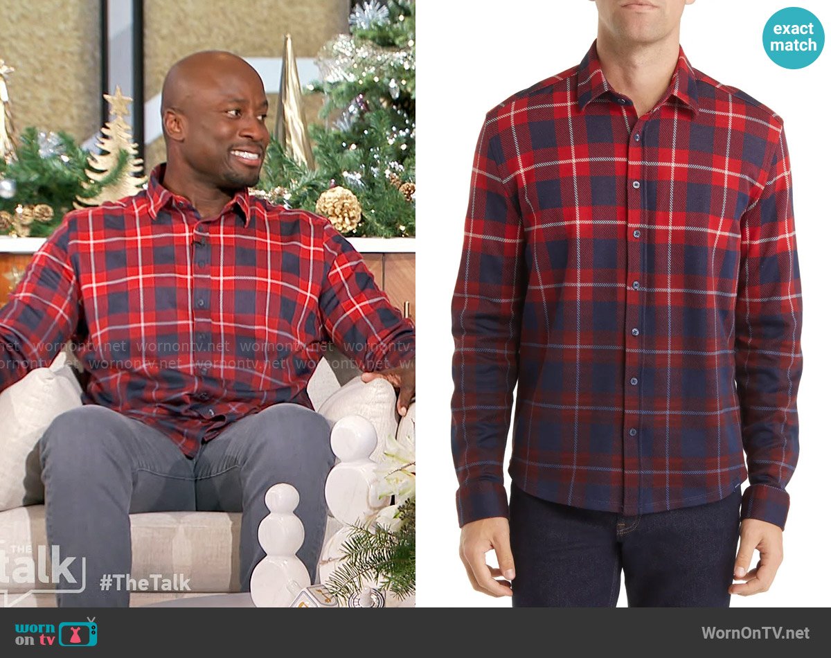 Stone Rose Plaid Jacquard Dip Dye Knit Button-Up Shirt worn by Akbar Gbajabiamila on The Talk