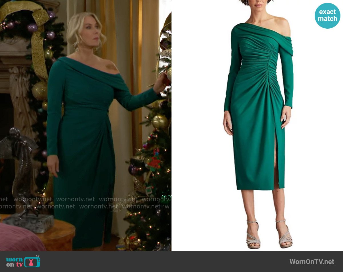 Tadashi Shoji Blume Gathered Midi Dress worn by Brooke Logan (Katherine Kelly Lang) on The Bold and the Beautiful