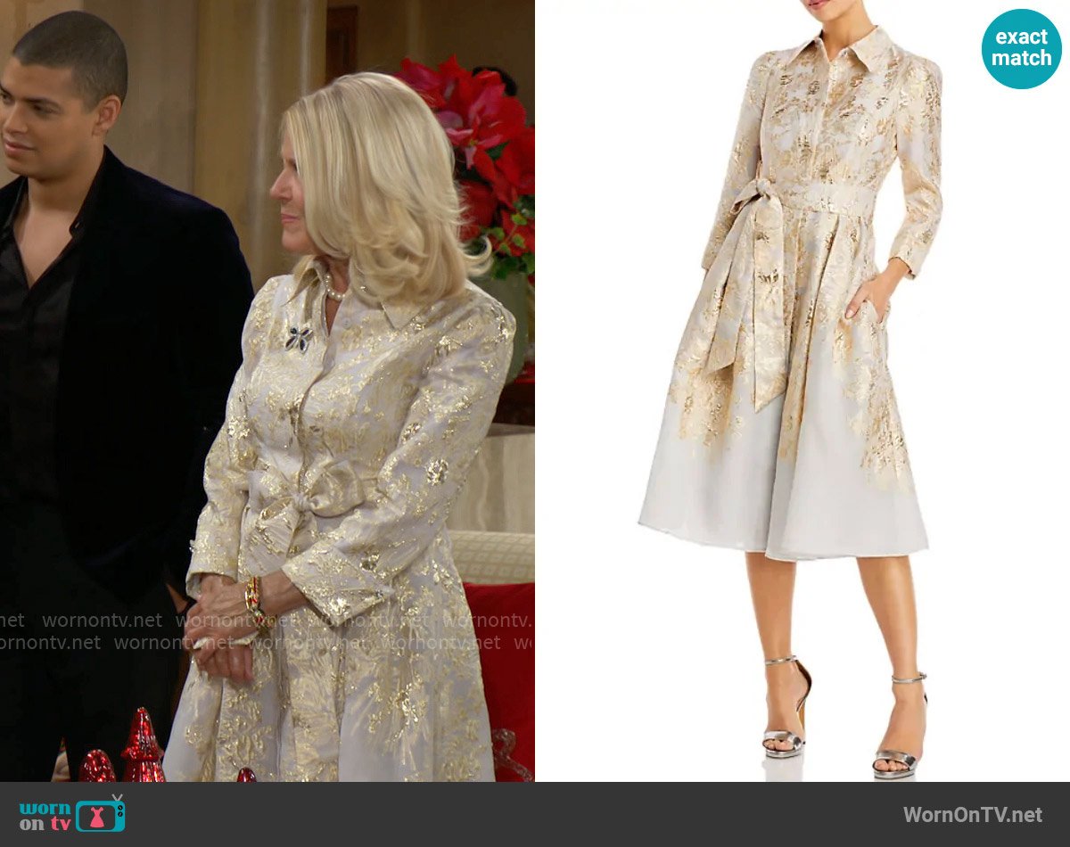 Teri Jon by Rickie Freeman Metallic Jacquard Shirtdress worn by Pamela Douglas (Alley Mills) on The Bold and the Beautiful