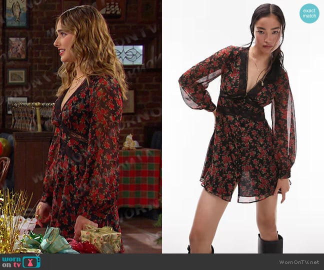 Topshop V-neck Lace Mini Tea Dress in red floral worn by Holly Jonas (Ashley Puzemis) on Days of our Lives