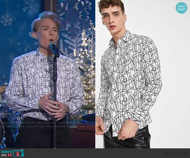 Twisted Taylor at ASOS butchart shirt in white with linear geo flocking worn by Clay Aiken on The Kelly Clarkson Show