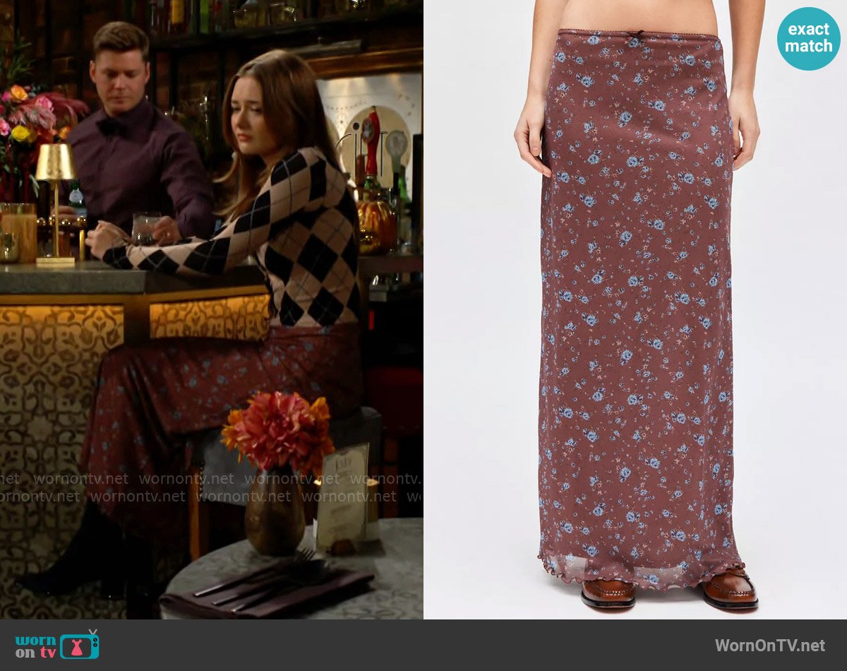 Urban Outfitters Floral Mesh Low Rise Column Maxi Skirt in Brown Multi worn by Faith Newman (Reylynn Caster) on The Young and the Restless