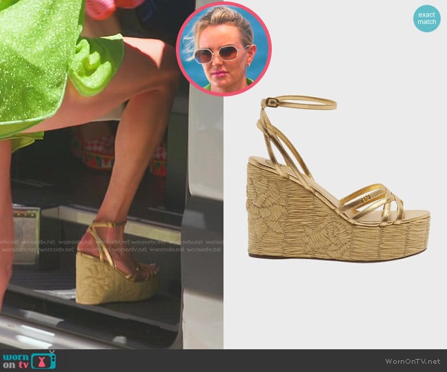 Valentino Garavani Metallic Ankle-Strap Wedge Espadrille Sandals worn by Whitney Rose on The Real Housewives of Salt Lake City