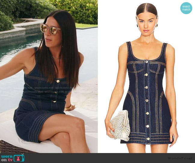 Rebecca’s denim sleeveless mini dress on RHONY