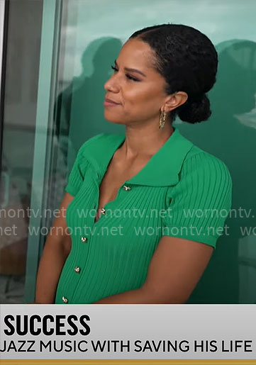 Adriana Diaz’s green knit button front dress on CBS Mornings