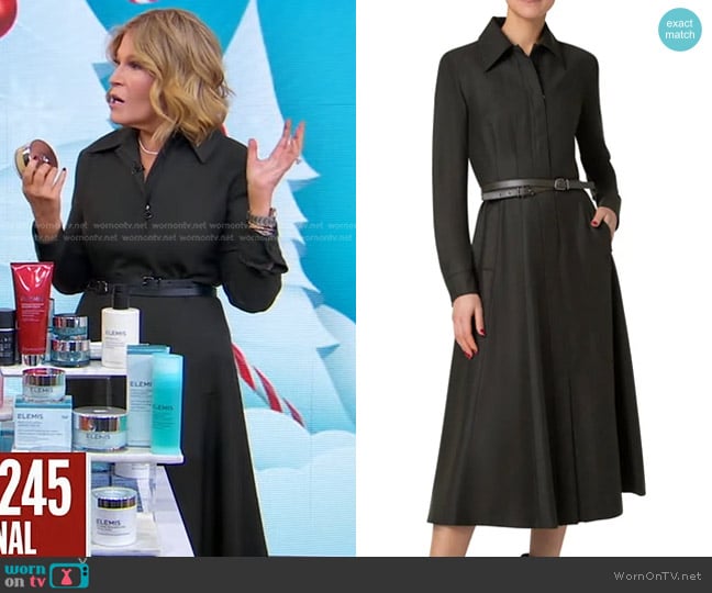 Akris Long Sleeve Belted Midi Shirtdress in Kale Green worn by Tory Johnson on Good Morning America