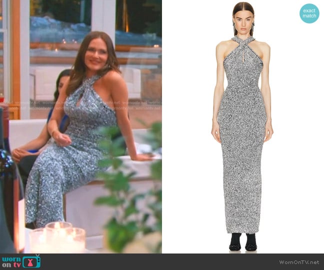 Alaia Metallic Textured Knit Halter Maxi Dress worn by Meredith Marks on The Real Housewives of Salt Lake City