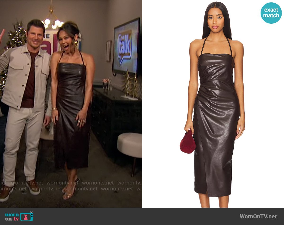 A.L.C. Charlotte Dress in Chocolate Plum worn by Vanessa Lachey on The Talk