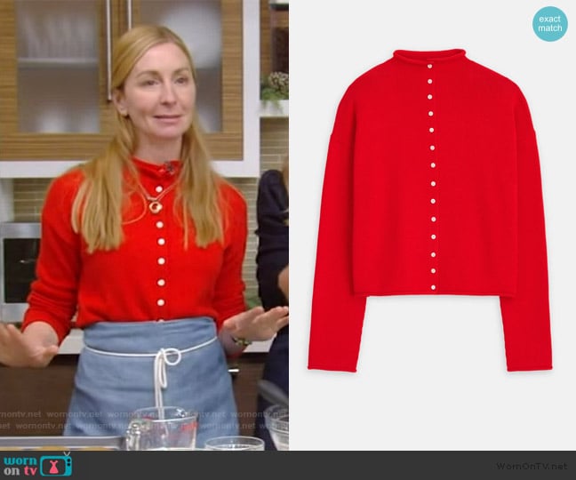 Christina Tosi’s red button down cardigan on Live with Kelly