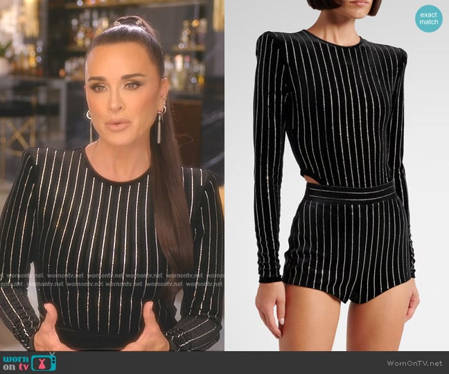 Alex Perry Crystal-embellished Pinstripe Velvet Bodysuit worn by Kyle Richards on The Real Housewives of Beverly Hills