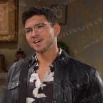 Alex’s black abstract print shirt and leather jacket on Days of our Lives