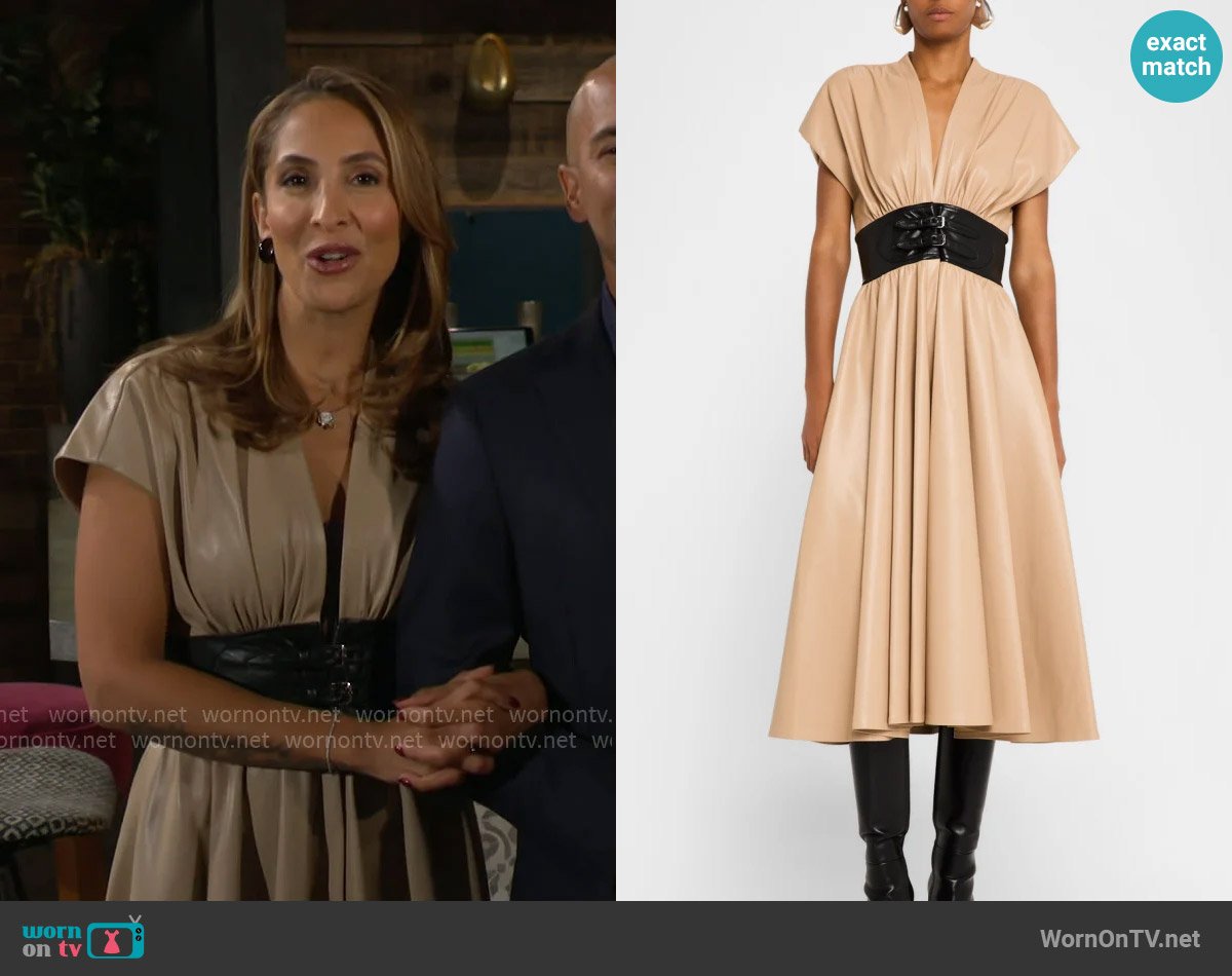 Lily’s beige leather Holiday message dress on The Young and the Restless