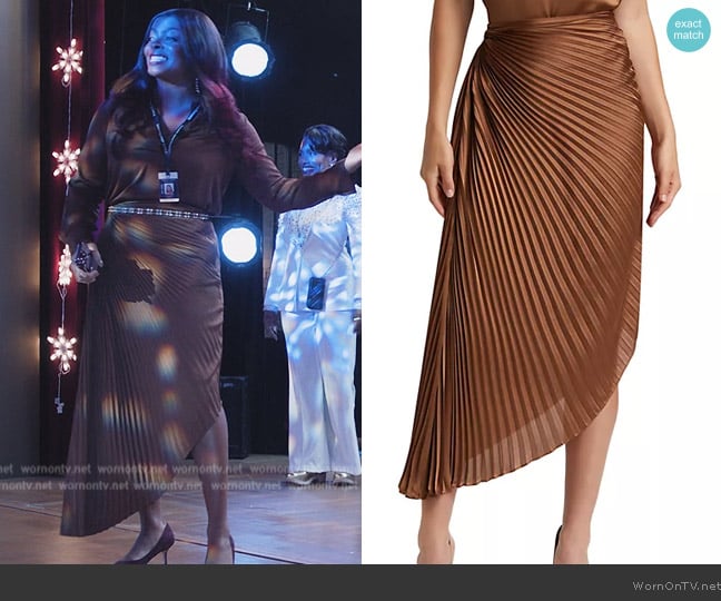 Alice + Olivia Odelia Asymmetric Pleated Skirt worn by Ava Coleman (Janelle James) on Abbott Elementary