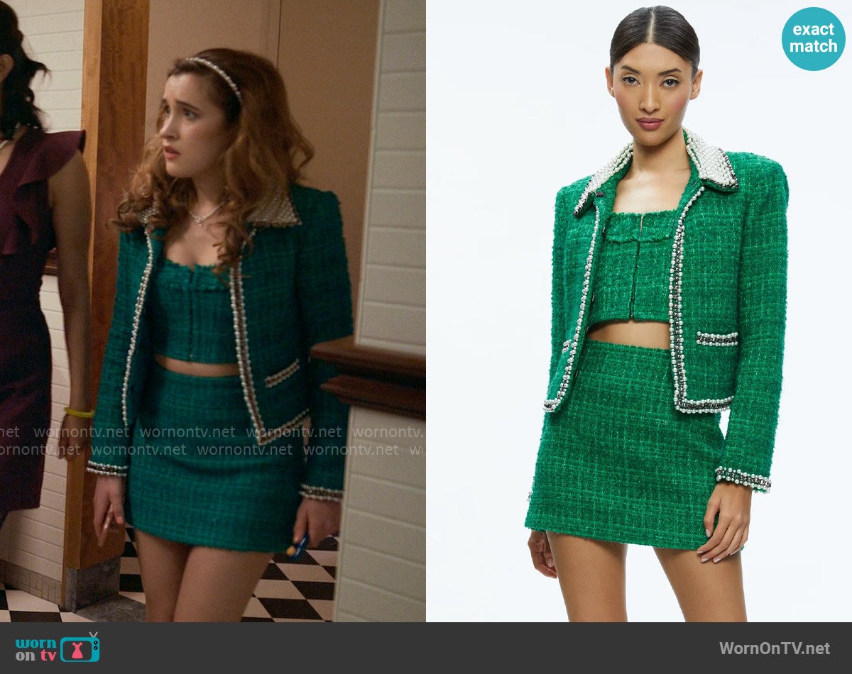 Alice + Olivia Light Emerald Tweed Set worn by Kacey (Gracie Lawrence) on The Sex Lives of College Girls