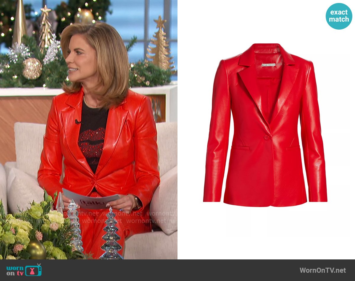 Alice + Olivia Macey Faux-Leather Fitted Blazer in Bright Ruby worn by Natalie Morales on The Talk