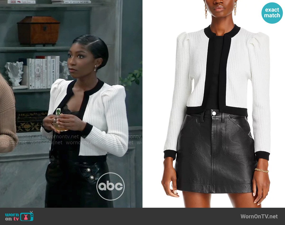 Alice + Olivia Trina Cardigan in Ecru Black worn by Trina Robinson (Tabyana Ali) on General Hospital