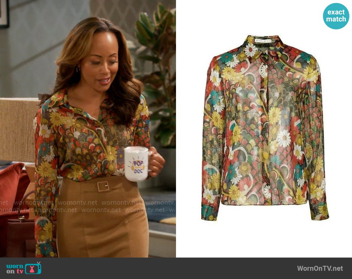 Alice + Olivia Willa Floral Melody Shirt worn by Ivy Reed (Essence Atkins) on Poppas House