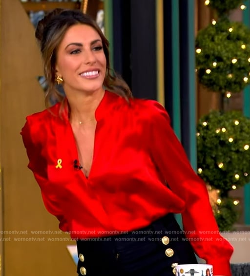 Alyssa's red satin blouse and pants on The View