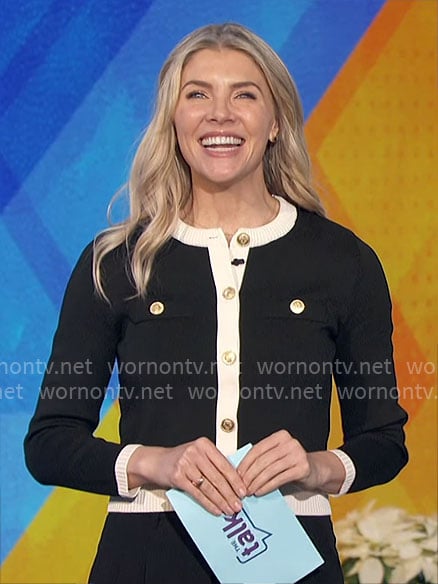 Amanda’s black cardigan with white trim on The Talk