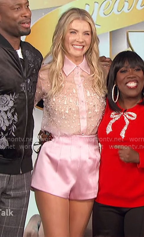 Amanda's pink embellished shirt and satin shorts on The Talk