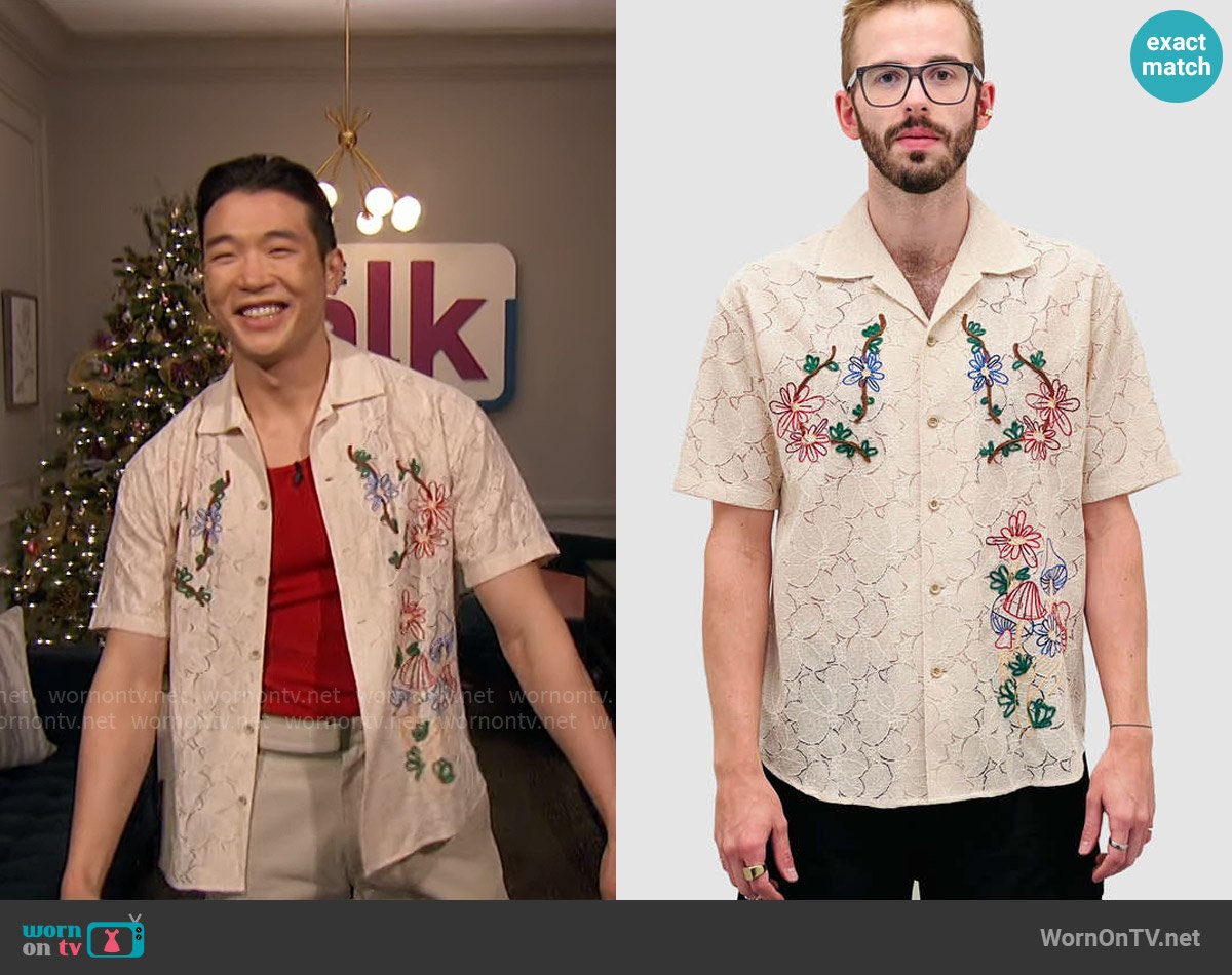 Andersson Bell Flower Mushroom Embroidery Open Collar Shirt in Ecru worn by Joel Kim Booster on The Talk