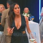 Angie’s black wrap dress with gold buckle on The Real Housewives of Salt Lake City