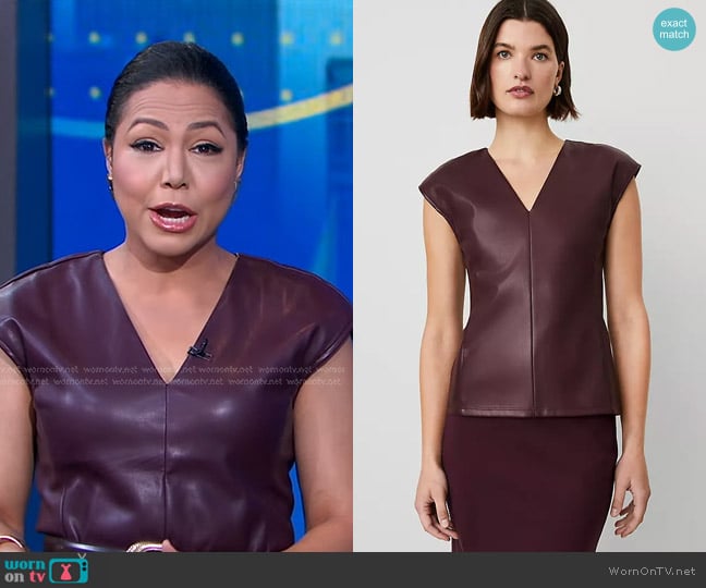 Ann Taylor Faux Leather V-Neck Cap Sleeve Top in Mauve Rose worn by Stephanie Ramos on Good Morning America