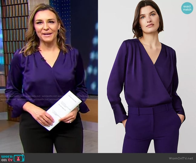 Ann Taylor Wrap Bodysuit in Midnight Mulberr worn by Mary Bruce on Good Morning America