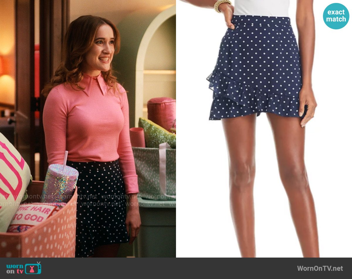 Aqua Ruffled Polka Dot Mini Skirt worn by Kacey (Gracie Lawrence) on The Sex Lives of College Girls