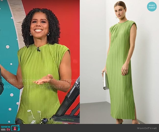 Atlein Collective Green Plisse Midi Dress worn by Adriana Diaz on CBS Mornings