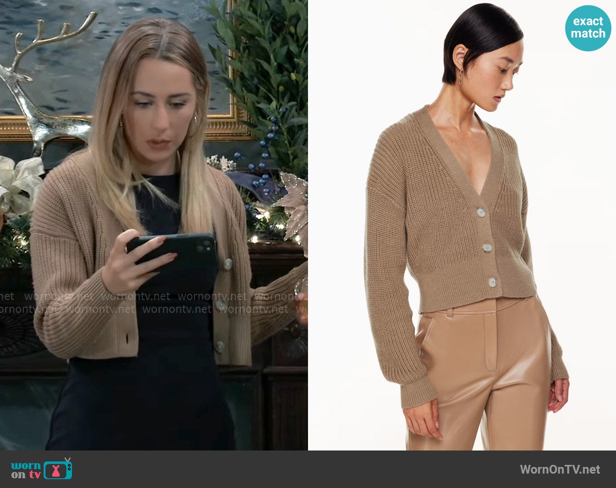 Babaton at Aritzia Canberra Merino Wool Cardigan in Heather Gold Camel worn by Josslyn Jacks (Eden McCoy) on General Hospital