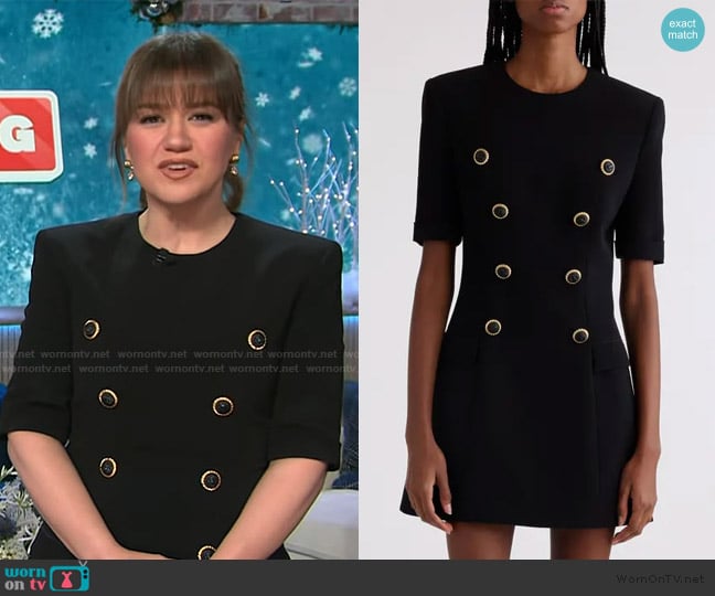 Kelly’s black double breasted mini dress on The Kelly Clarkson Show