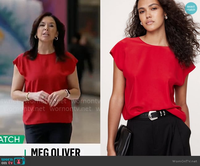 Banana Republic Essential Silk Top in Red Sunset worn by Meg Oliver on CBS Mornings