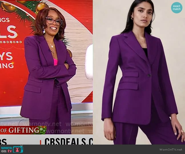 Banana Republic Lido Blazer in Deep Purple worn by Gayle King on CBS Mornings