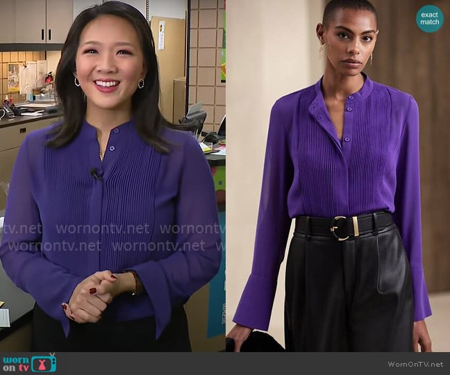 Banana Republic Tuxedo Blouse in Panama Purple worn by Nancy Chen on CBS Mornings