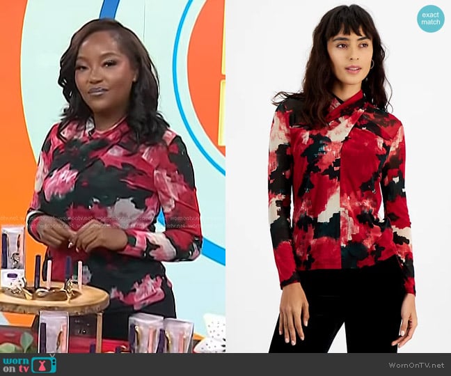 Bar III Printed Twist-Neck Long-Sleeve Mesh Top worn by Makho Ndlovu on Today