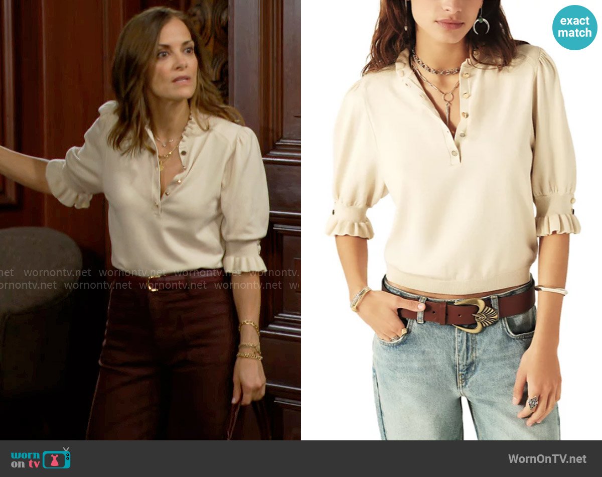 ba&sh Sera Ruffled Trim Sweater in Off White worn by Taylor Hayes (Rebecca Budig) on The Bold and the Beautiful