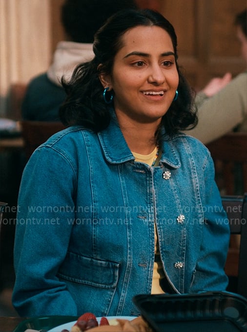 Bela’s denim jacket with crystal buttons on The Sex Lives of College Girls