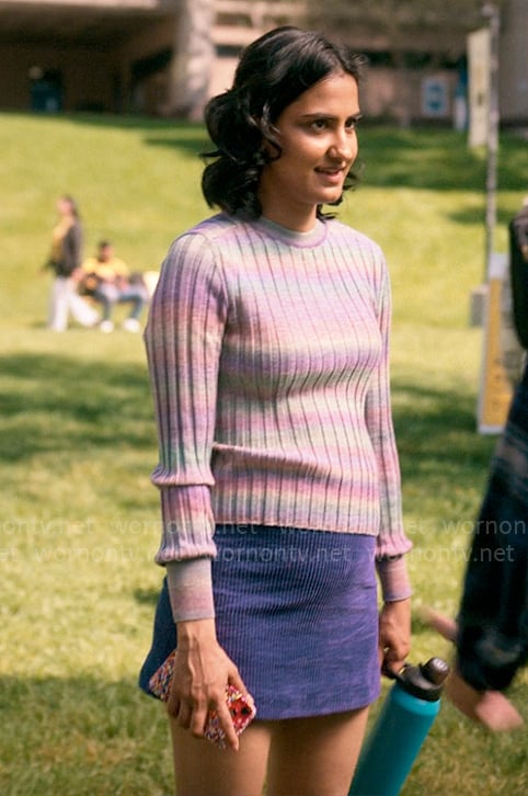 Bela's pastel ombre sweater and purple corduroy skirt on The Sex Lives of College Girls