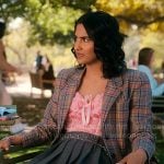 Bela’s plaid blazer and pink floral bustier top on The Sex Lives of College Girls