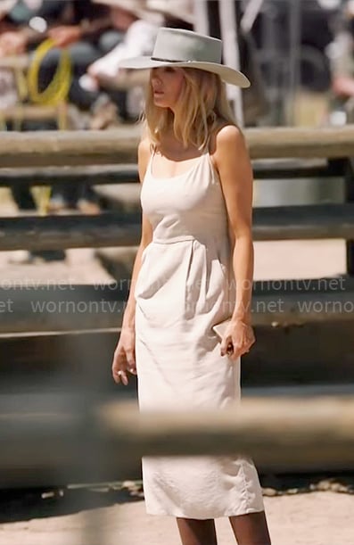 Beth's ivory midi dress with pleats on Yellowstone