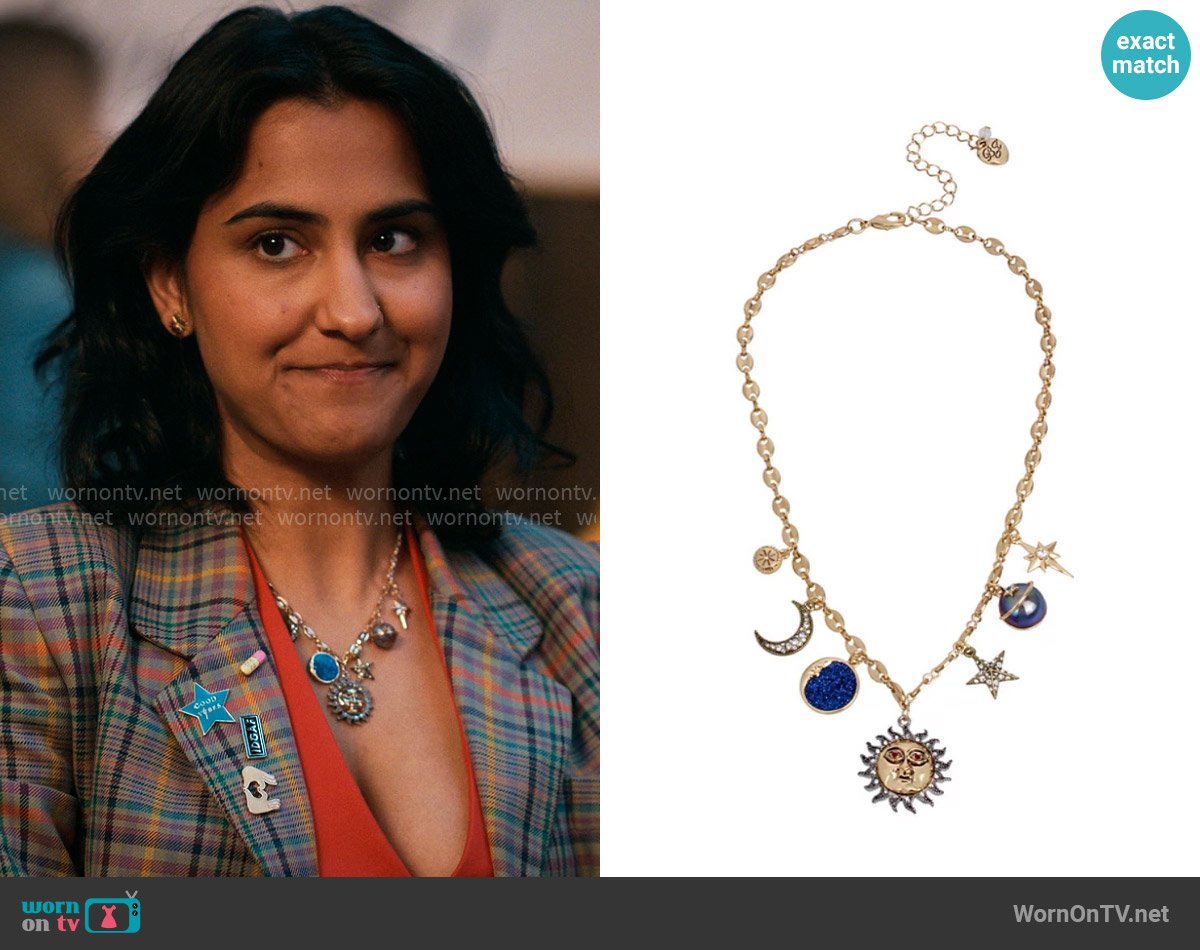 Betsey Johnson Celestial Mixed Charm Necklace worn by Bela Malhotra (Amrit Kaur) on The Sex Lives of College Girls