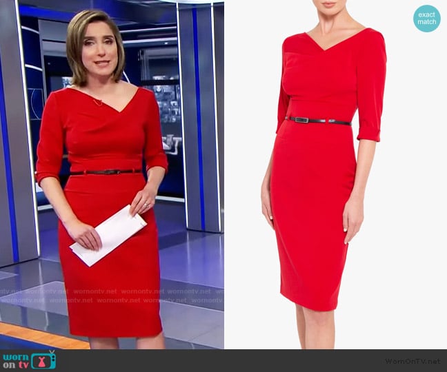 Margaret’s’s red asymmetric neck dress on CBS Evening News