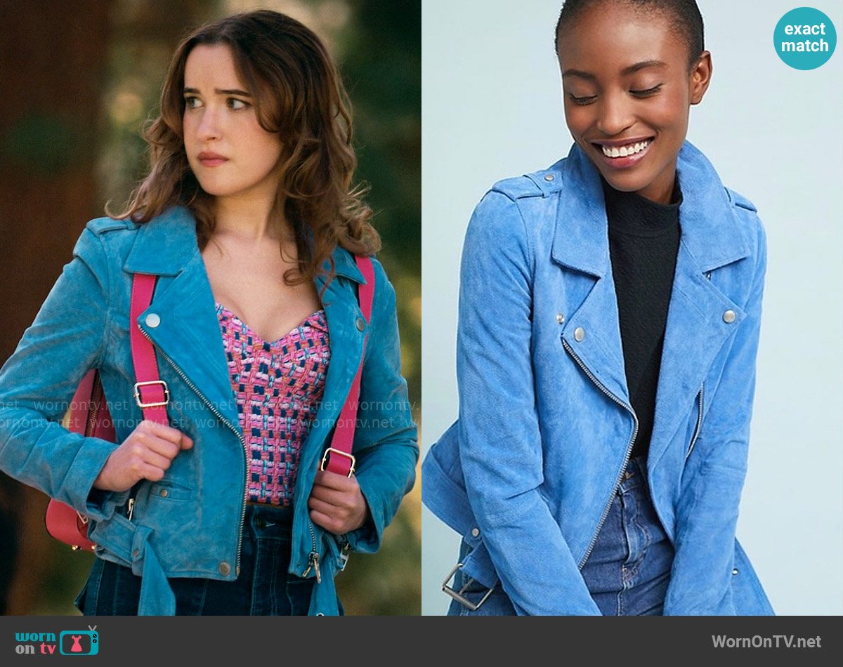 WornOnTV: Kacey’s pink tweed bustier top and blue suede moto jacket on ...