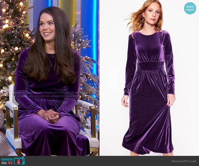 Boden Thea Velvet Midi Dress in Viola worn by Jennifer Lynn Barnes on Good Morning America