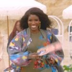 Bozoma’s khaki floral jumpsuit and bomber jacket on The Real Housewives of Beverly Hills